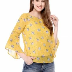 Allegra K 3/4 Bell Sleeve Floral Print Chiffon Blouse With Spaghetti Strap Cami