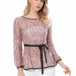 Allegra K Self-Tie Waist Bi-Color Contrast Lace Peplum Top 124 Allegra K Self-Tie Waist Bi-Color Contrast Lace Peplum Top