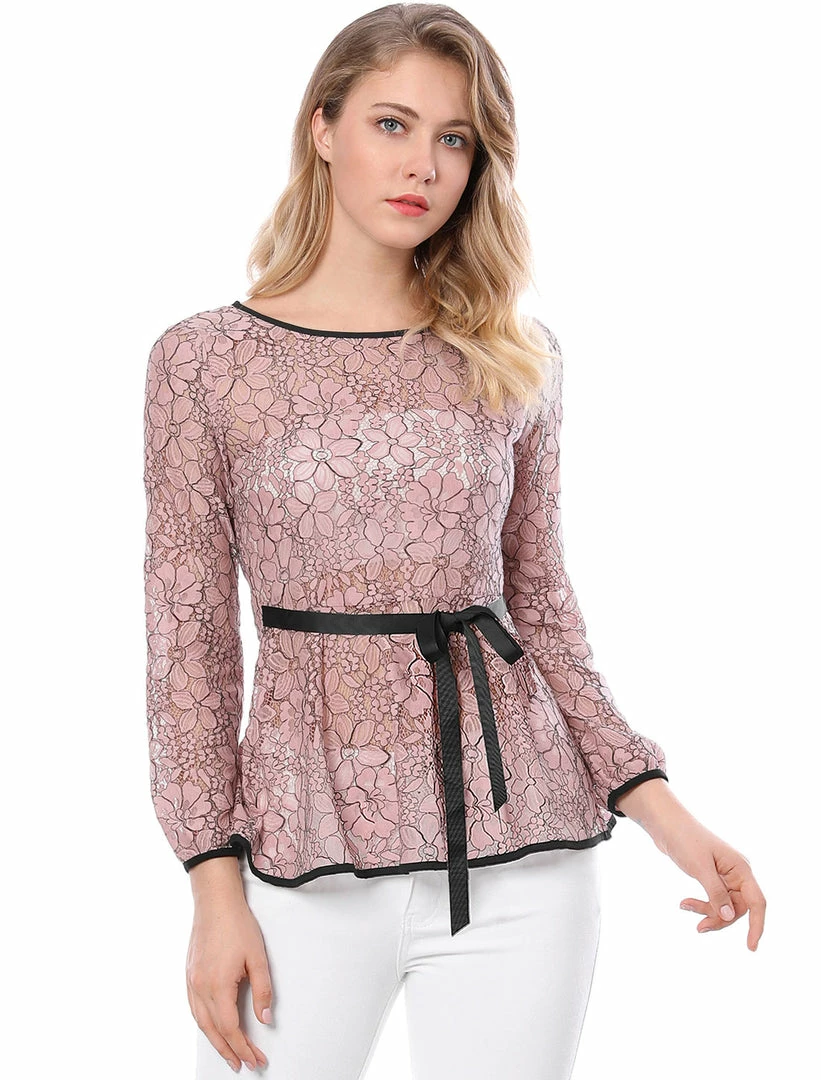 Allegra K Self-Tie Waist Bi-Color Contrast Lace Peplum Top 52 Allegra K Self-Tie Waist Bi-Color Contrast Lace Peplum Top