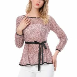 Allegra K Self-Tie Waist Bi-Color Contrast Lace Peplum Top 125 Allegra K Self-Tie Waist Bi-Color Contrast Lace Peplum Top