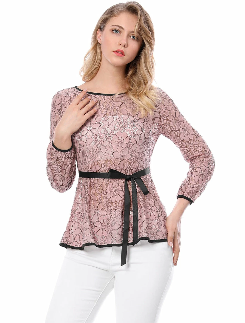 Allegra K Self-Tie Waist Bi-Color Contrast Lace Peplum Top 53 Allegra K Self-Tie Waist Bi-Color Contrast Lace Peplum Top