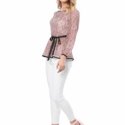 Allegra K Self-Tie Waist Bi-Color Contrast Lace Peplum Top 126 Allegra K Self-Tie Waist Bi-Color Contrast Lace Peplum Top