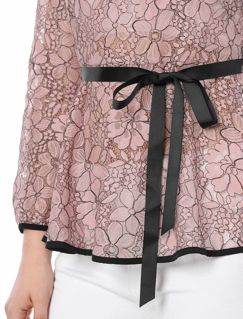 Allegra K Self-Tie Waist Bi-Color Contrast Lace Peplum Top 56 Allegra K Self-Tie Waist Bi-Color Contrast Lace Peplum Top