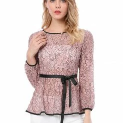 Allegra K Self-Tie Waist Bi-Color Contrast Lace Peplum Top 123 Allegra K Self-Tie Waist Bi-Color Contrast Lace Peplum Top