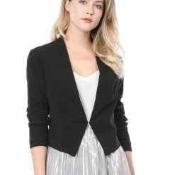 Allegra K Women Collarless Cropped Blazer