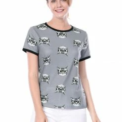 Allegra K Short Sleeve Contrast Trim Cartoon Cat Print T-Shirt Women