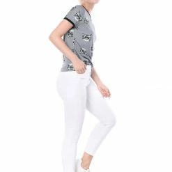Allegra K Short Sleeve Contrast Trim Cartoon Cat Print T-Shirt Women