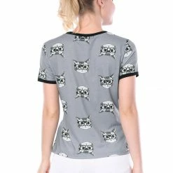 Allegra K Short Sleeve Contrast Trim Cartoon Cat Print T-Shirt Women