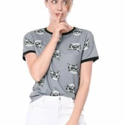 Allegra K Short Sleeve Contrast Trim Cartoon Cat Print T-Shirt Women