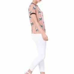 Allegra K Short Sleeve Contrast Trim Cartoon Cat Print T-Shirt Women