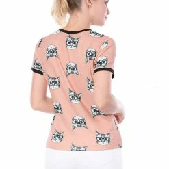 Allegra K Short Sleeve Contrast Trim Cartoon Cat Print T-Shirt Women