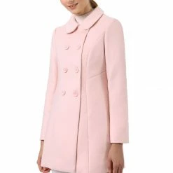 Allegra K Double Breasted Peter Pan Collar Thigh Length Coat
