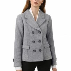 Allegra K Women's Notched Lapel Double Breasted Pea Coat