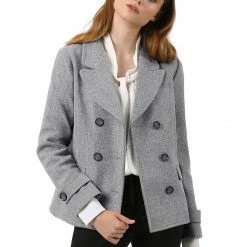 Allegra K Women's Notched Lapel Double Breasted Pea Coat
