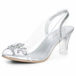 Allegra K Shoes Women's Clear Slingback Flower Rhinestone Peep Toe Heels Sandals