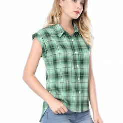 Allegra K Short Sleeve Button Down Blouse Plaid Shirt Women 26 Allegra K Short Sleeve Button Down Blouse Plaid Shirt Women