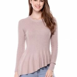 Allegra K Women's Long Sleeve Ribbed Knit Ruffle Hem Peplum Top