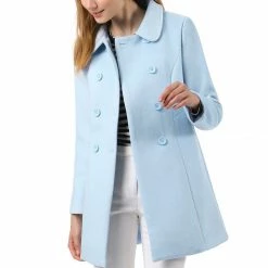 Allegra K Double Breasted Peter Pan Collar Thigh Length Coat