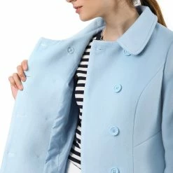 Allegra K Double Breasted Peter Pan Collar Thigh Length Coat