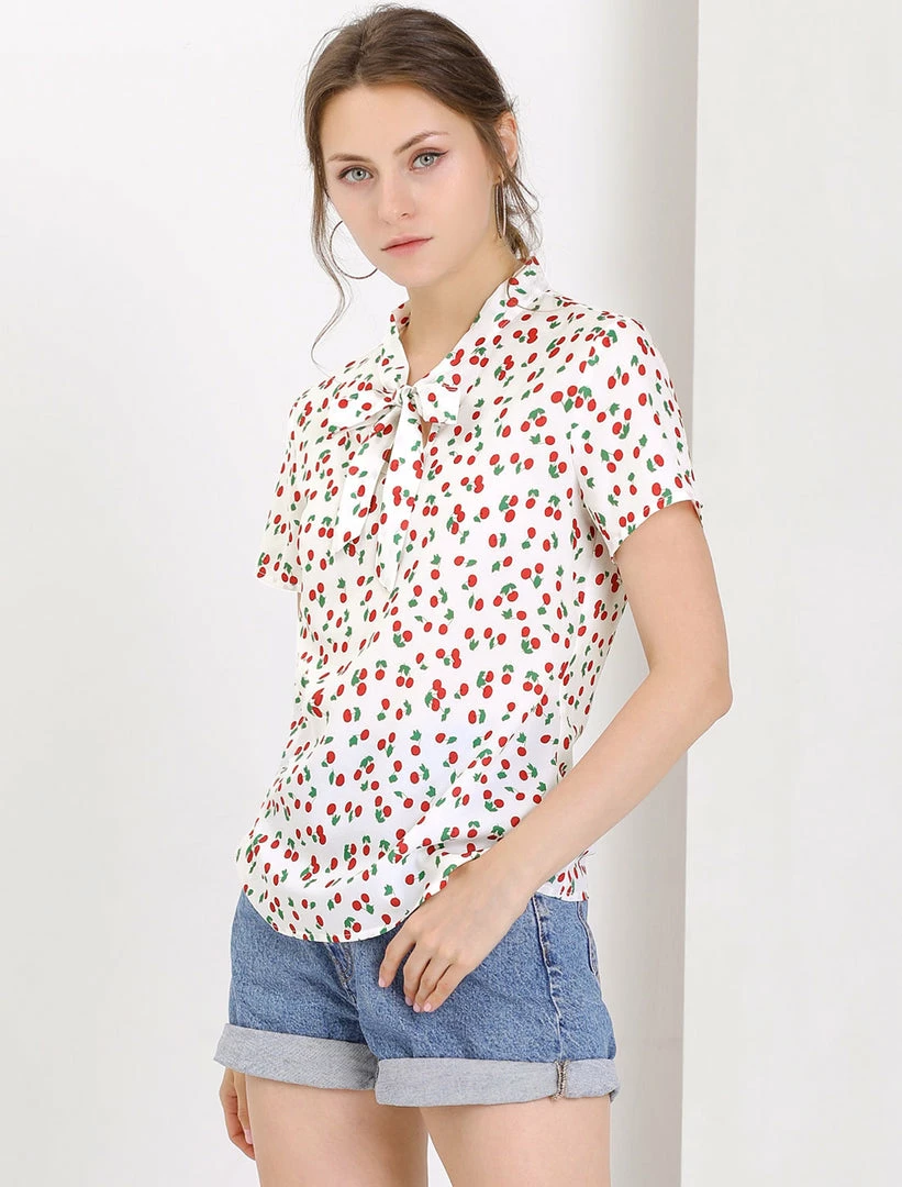 Allegra K Tie Bow Neck Cherry Printed Blouse Clothing 71 Allegra K Tie Bow Neck Cherry Printed Blouse Clothing