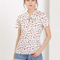 Allegra K Tie Bow Neck Cherry Printed Blouse Clothing 150 Allegra K Tie Bow Neck Cherry Printed Blouse Clothing