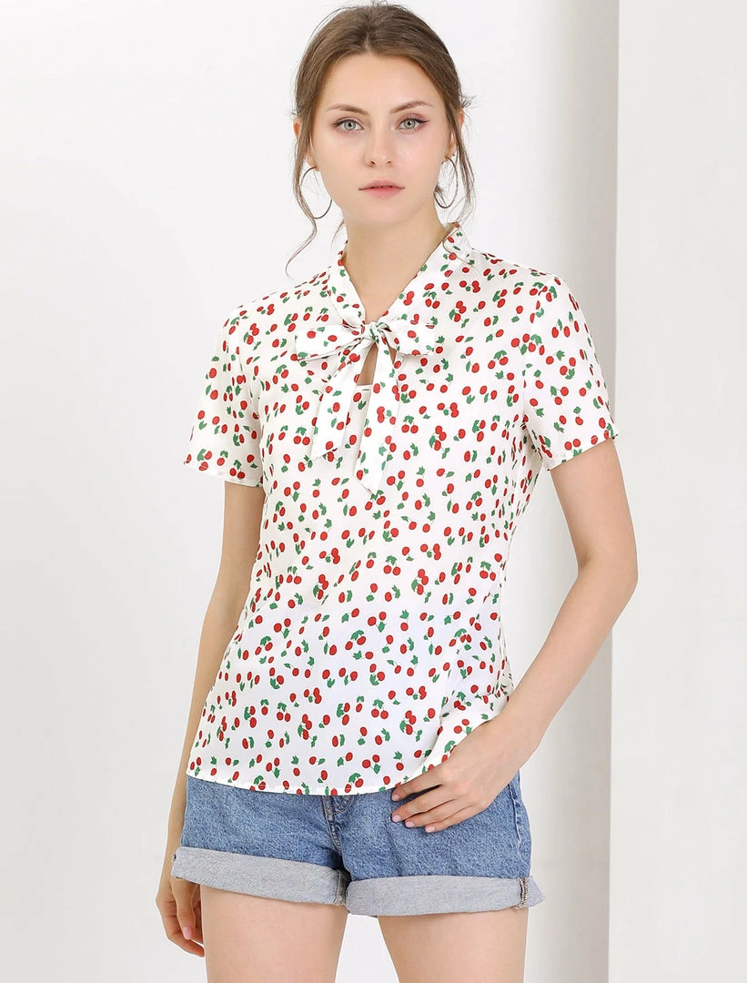 Allegra K Tie Bow Neck Cherry Printed Blouse Clothing 72 Allegra K Tie Bow Neck Cherry Printed Blouse Clothing