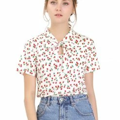 Allegra K Tie Bow Neck Cherry Printed Blouse Clothing 148 Allegra K Tie Bow Neck Cherry Printed Blouse Clothing