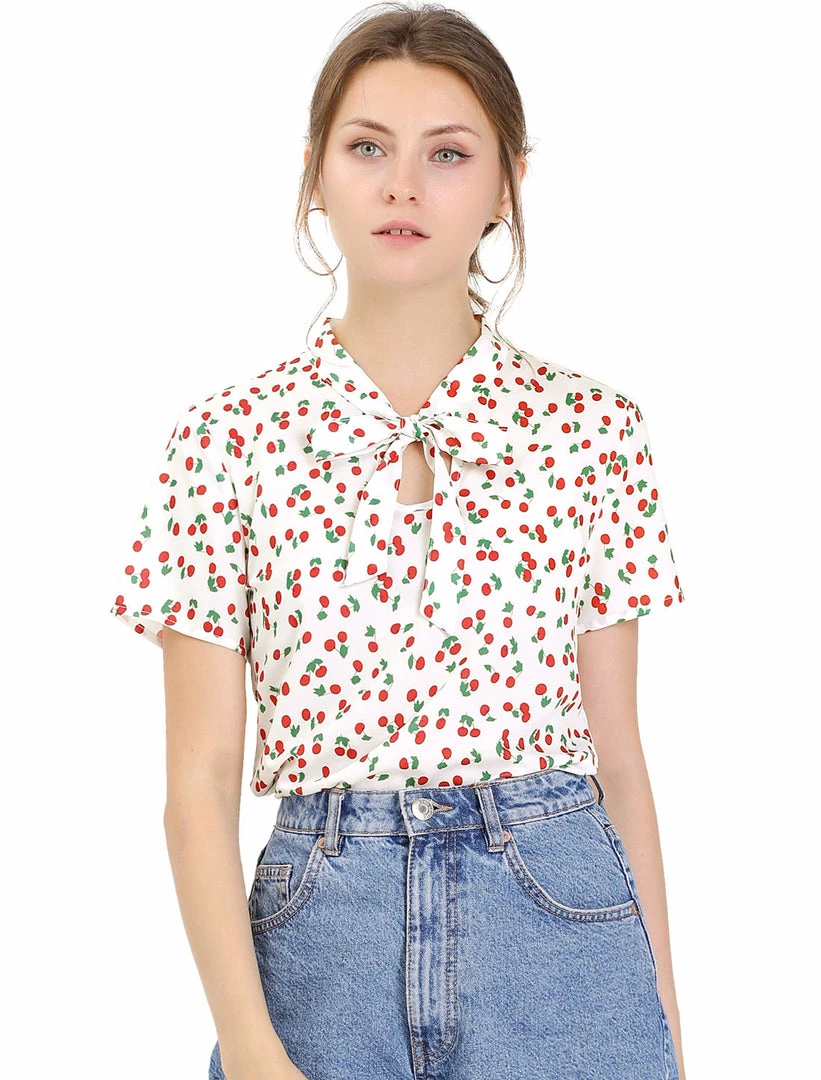 Allegra K Tie Bow Neck Cherry Printed Blouse Clothing 70 Allegra K Tie Bow Neck Cherry Printed Blouse Clothing