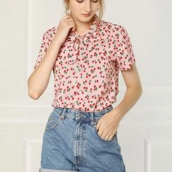 Allegra K Tie Bow Neck Cherry Printed Blouse Clothing 144 Allegra K Tie Bow Neck Cherry Printed Blouse Clothing