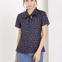 Allegra K Tie Bow Neck Cherry Printed Blouse Clothing 138 Allegra K Tie Bow Neck Cherry Printed Blouse Clothing