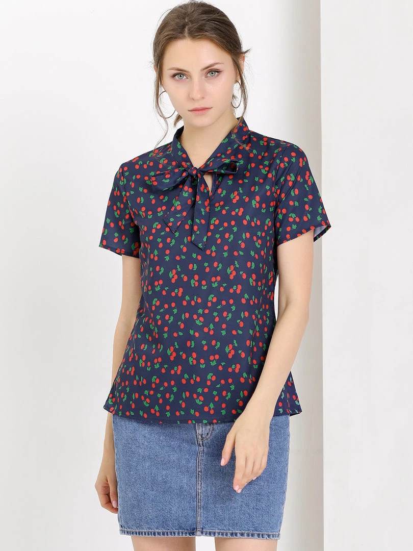 Allegra K Tie Bow Neck Cherry Printed Blouse Clothing 60 Allegra K Tie Bow Neck Cherry Printed Blouse Clothing