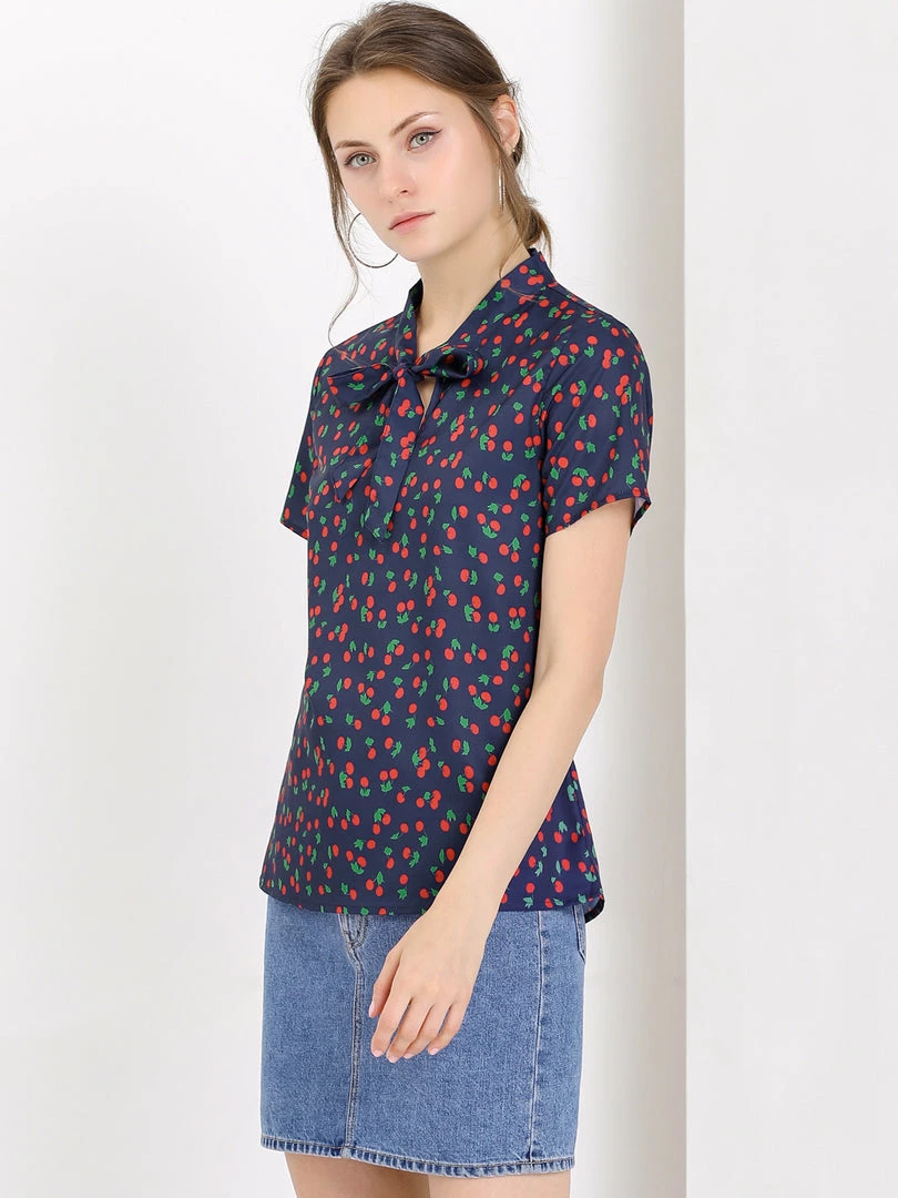 Allegra K Tie Bow Neck Cherry Printed Blouse Clothing 61 Allegra K Tie Bow Neck Cherry Printed Blouse Clothing