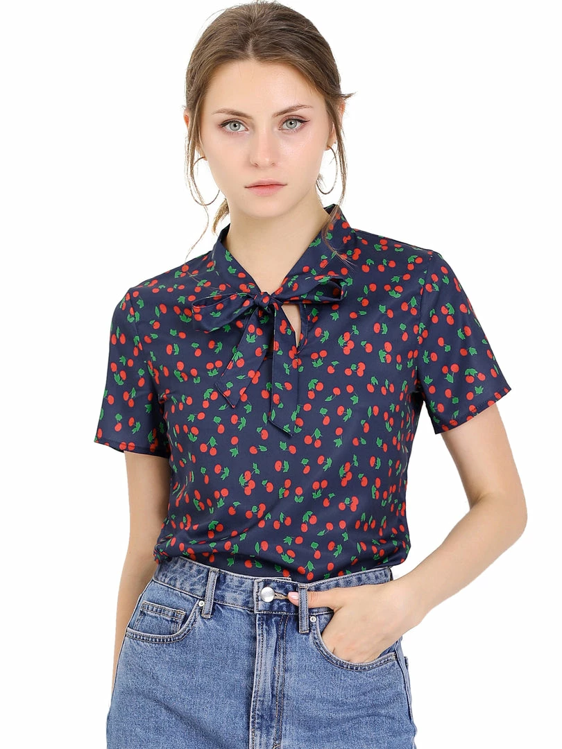 Allegra K Tie Bow Neck Cherry Printed Blouse Clothing 58 Allegra K Tie Bow Neck Cherry Printed Blouse Clothing