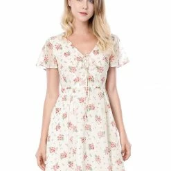Allegra K Floral Lace-up V-neck Flouncing Sleeve Chiffon Dress Clothing 128 Allegra K Floral Lace-up V-neck Flouncing Sleeve Chiffon Dress Clothing