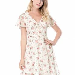 Allegra K Floral Lace-up V-neck Flouncing Sleeve Chiffon Dress Clothing 129 Allegra K Floral Lace-up V-neck Flouncing Sleeve Chiffon Dress Clothing
