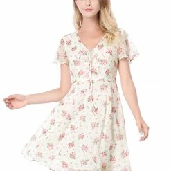 Allegra K Floral Lace-up V-neck Flouncing Sleeve Chiffon Dress Clothing 127 Allegra K Floral Lace-up V-neck Flouncing Sleeve Chiffon Dress Clothing