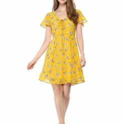 Allegra K Floral Lace-up V-neck Flouncing Sleeve Chiffon Dress Clothing 123 Allegra K Floral Lace-up V-neck Flouncing Sleeve Chiffon Dress Clothing