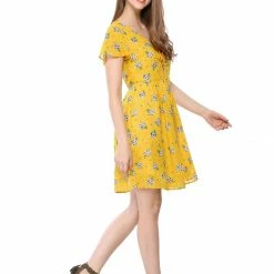 Allegra K Floral Lace-up V-neck Flouncing Sleeve Chiffon Dress Clothing 124 Allegra K Floral Lace-up V-neck Flouncing Sleeve Chiffon Dress Clothing