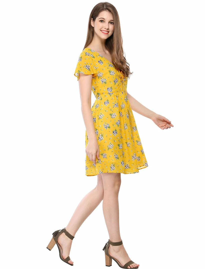 Allegra K Floral Lace-up V-neck Flouncing Sleeve Chiffon Dress Clothing 48 Allegra K Floral Lace-up V-neck Flouncing Sleeve Chiffon Dress Clothing