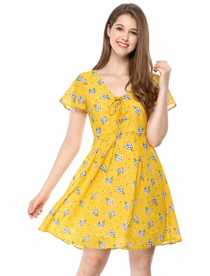 Allegra K Floral Lace-up V-neck Flouncing Sleeve Chiffon Dress Clothing 45 Allegra K Floral Lace-up V-neck Flouncing Sleeve Chiffon Dress Clothing