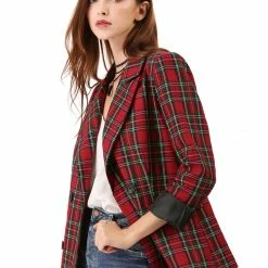 Allegra K Women's Notched Lapel Double Breasted Plaid Suit Blazer