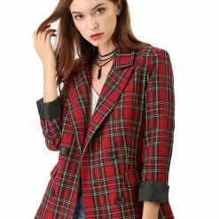 Allegra K Women's Notched Lapel Double Breasted Plaid Suit Blazer
