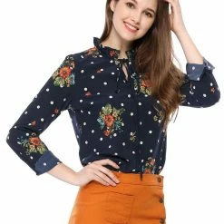 Allegra K Women's Tie Ruffled Neckline Polka Dots Long Sleeves Floral Blouse Tops