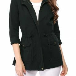Allegra K Zip Up Drawstring Waist Casual Cotton Coat