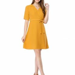 Allegra K Short Sleeve V Neck Belted Above Knee A Line Dress