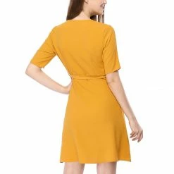 Allegra K Short Sleeve V Neck Belted Above Knee A Line Dress