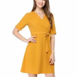 Allegra K Short Sleeve V Neck Belted Above Knee A Line Dress