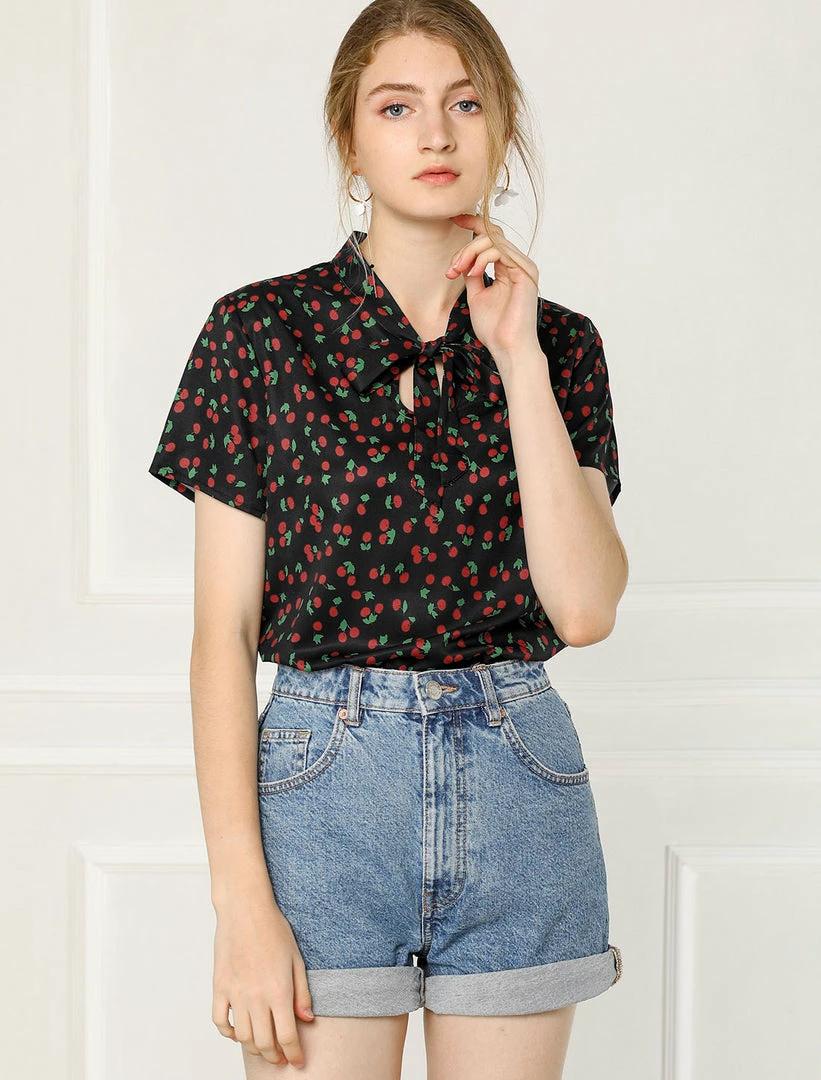 Allegra K Tie Bow Neck Cherry Printed Blouse Clothing 54 Allegra K Tie Bow Neck Cherry Printed Blouse Clothing