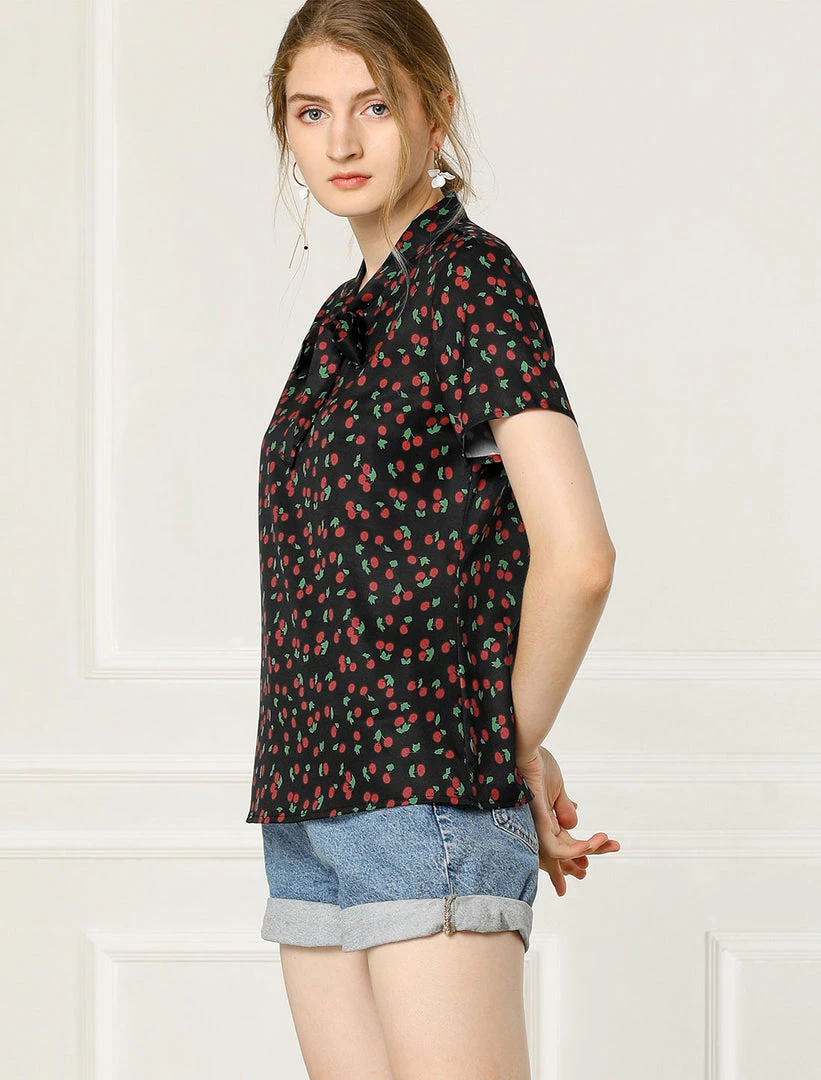 Allegra K Tie Bow Neck Cherry Printed Blouse Clothing 55 Allegra K Tie Bow Neck Cherry Printed Blouse Clothing