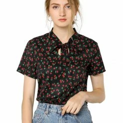 Allegra K Tie Bow Neck Cherry Printed Blouse Clothing 130 Allegra K Tie Bow Neck Cherry Printed Blouse Clothing